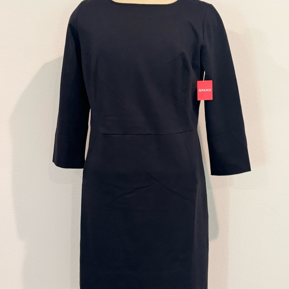 SPANX Ponte Blue Sheath Dress Bateau Neckline 3/4 Raglan Sleeves